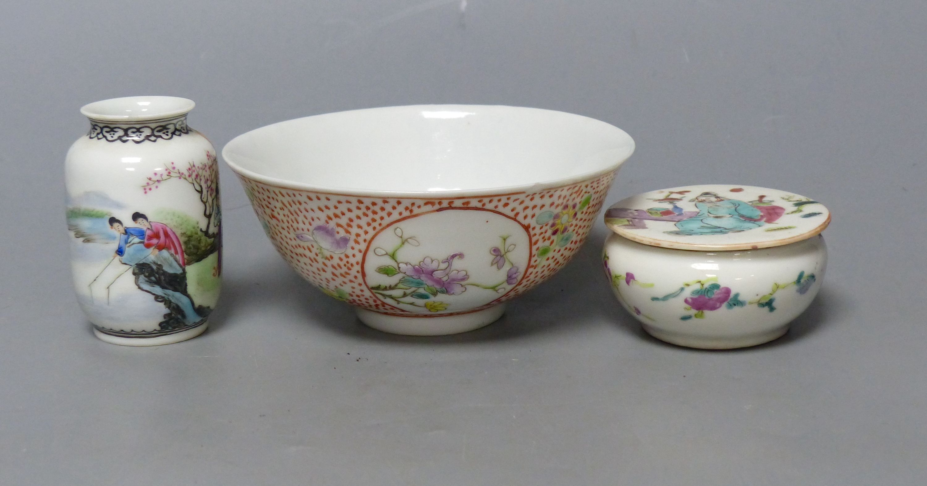 A Chinese bowl, diameter 13cm, a miniature vase and a lidded pot, Qing/Republic period